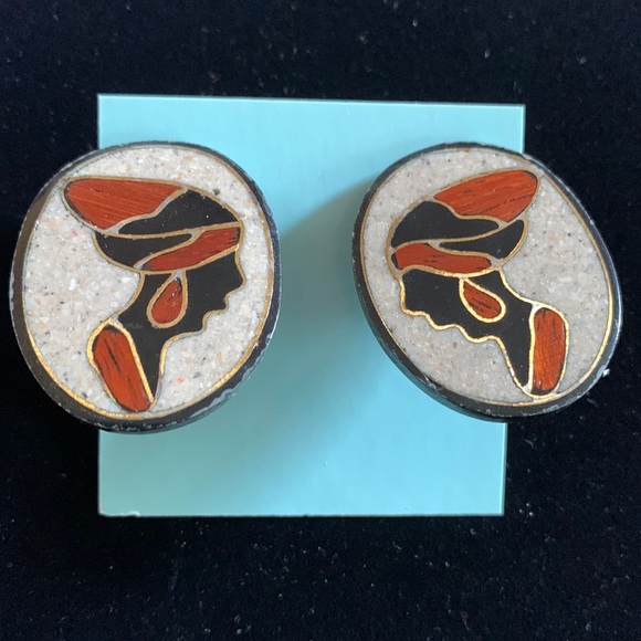 Hand Crafted Jewelry - Vintage 80’s African Woman wood and brass hand crafted 1.5” clip earrings